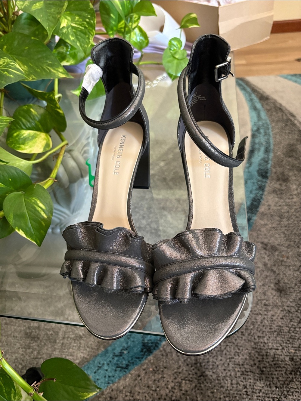 Kenneth Cole Metallic Black Ruffle Ankle-Strap Block Heels